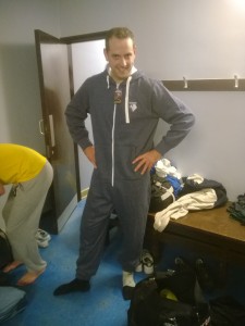 MOM Chris Dundon rocks the 'man of the match Watford FC onesie', donated by WFC, after the game